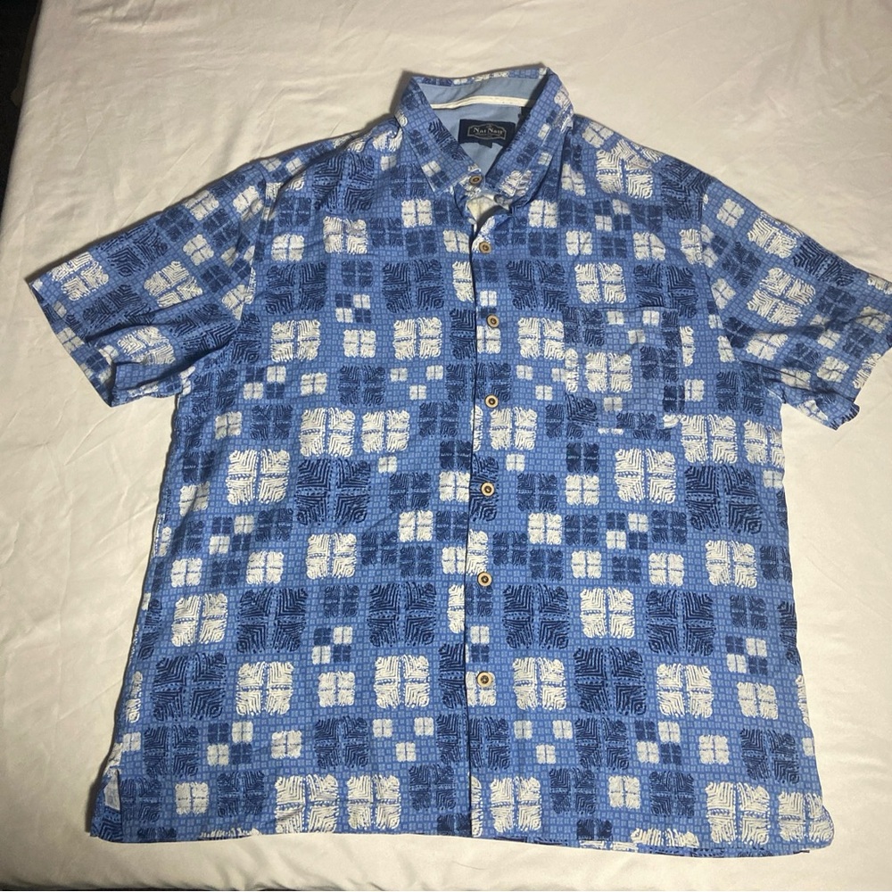 Nat Nast men’s large short sleeve button up blue white silk blend with pocket